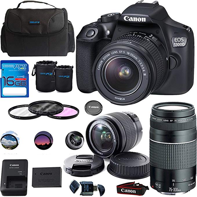 Canon EOS 1300D/Canon EOS Rebel T6 DSLR Camera w/ EF-S 18-55mm f/3.5-5.6 IS II Lens + Canon EF 75-300mm f/4-5.6 III Lens - Deal-Expo Premium Accessories Bundle