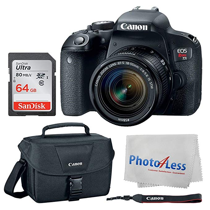 Canon EOS Rebel T7i Digital SLR Camera + Canon EF-S 18-55mm f/4-5.6 IS STM Lens + Canon EOS Shoulder Bag 100ES (Black) + SanDisk Ultra SDXC 64GB 80MB/S Class 10 Flash Memory Card + Deluxe Canon Bundle