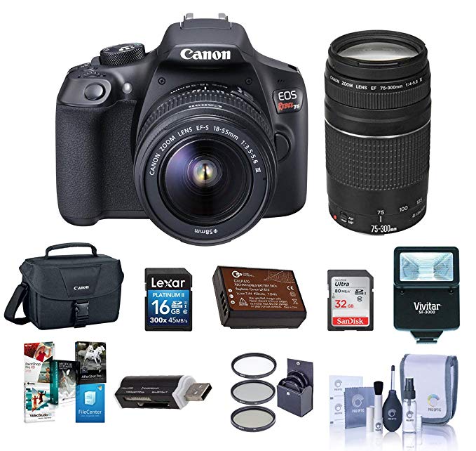 Canon EOS Rebel T6 DSLR Digital Camera with EF-S 18-55mm f/3.5-5.6 IS II EF 75-300mm F4-5.6IIILenses, Lexar SD 32GB Memory Card, 58mm Filter Kit, Creative Suite Software, Value Accessory Kit