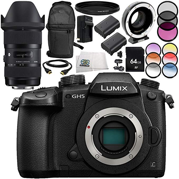 Panasonic Lumix DC-GH5 with Sigma 18-35mm f/1.8 DC HSM Art Lens + Metabones T Speed Booster XL 0.64x Adapter (MB_SPEF-M43-BT3) 13PC Accessory Bundle – Includes 64GB SD Memory Card + More