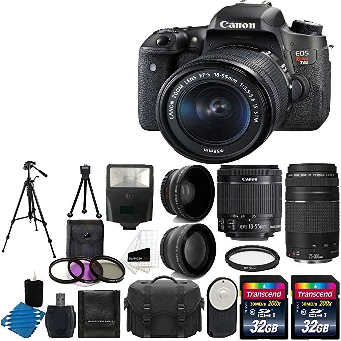 Canon EOS Rebel T6s 24.2MP Digital SLR Camera USA warranty with Canon EF-S 18-55mm f/3.5-5.6 IS STM [Image Stabilizer] Zoom Lens & Canon EF 75-300mm f/4-5.6 III Telephoto Zoom Lens + 58mm 2x Professional Lens +High Definition 58mm Wide Angle Lens + Auto Power Flash + UV Filter Kit with 64GB And More Complete Deluxe Accessory Bundle