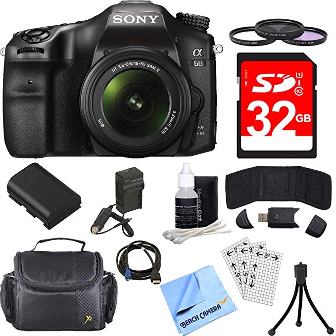 Sony ILCA68K/B a68 A-Mount Digital Camera 18-55mm Zoom Lens Bundle includes ILCA68/B Camera, 18-55mm Zoom Lens, 55mm Filter Kit, 32GB SDHC Memory Card, Deluxe Bag, Beach Camera Cloth and More!