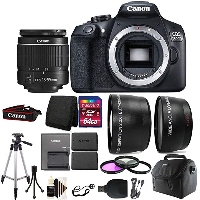 Canon EOS Rebel 1300D/T6 D-SLR Camera with 64GB Top Accessory Kit + Additional Battery