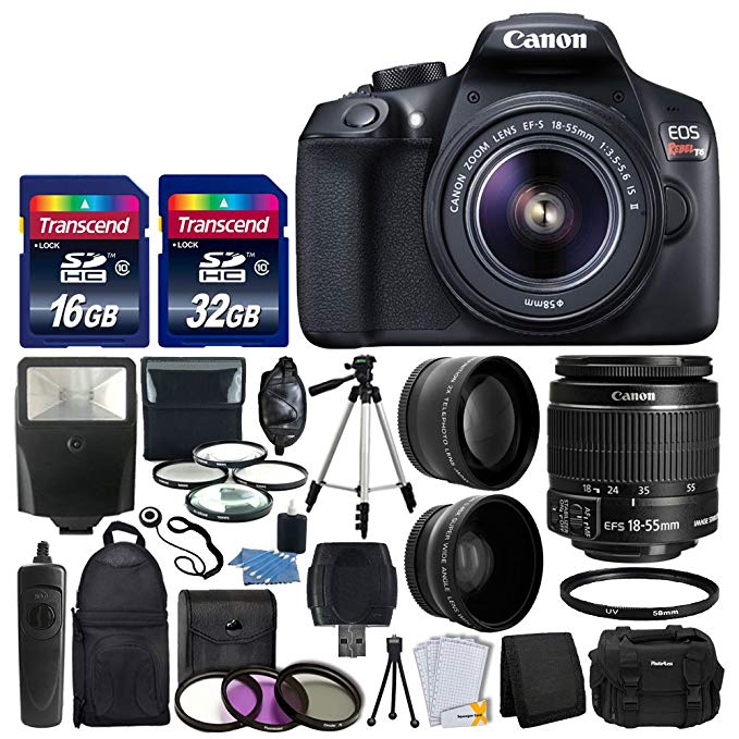 Canon EOS Rebel T6 Digital SLR Camera & 18-55mm EF-S f/3.5-5.6 IS II Lens + Wide Angle Lens + 2x Lens + Macro Filter Kit + Flash + Tripod + Remote + Backpack + 48GB SDHC Memory Card + Complete Kit
