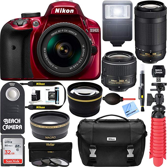 Nikon D3400 24.2 MP DSLR Camera + AF-P DX 18-55mm VR & AF-P DX 70-300mm ED Lens + Bundle 32GB SDXC Memory + Photo Bag + Wide Angle Lens + 2x Telephoto Lens + Flash + Remote +Tripod+Filters (Red)