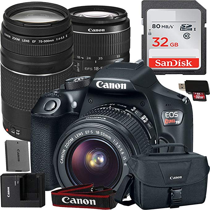 Canon EOS Rebel T6 Digital SLR Camera with EF-S 18-55mm IS II + EF 75-300mm f/4-5.6 III Kit Accessory Bundle + 32GB SD Card + Canon Case