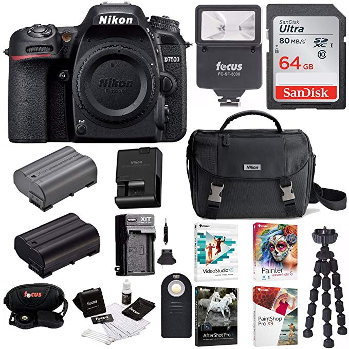 Nikon D7500 DSLR Camera Body + Nikon Bag + 64GB Memory Card + Flash + Battery and Charger + Software Suite + Kit