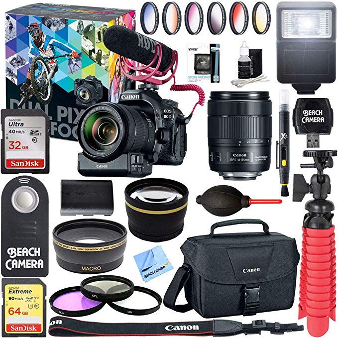 Canon EOS 80D Video Creator with 18-135mm Lens, Rode VideoMic + 64GB Extreme SDXC Memory UHS-I Card + LP-E6 Rechargeable Battery + Accessory Bundle