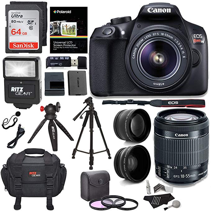 Canon EOS Rebel T6 Digital SLR Camera Kit with EF-S 18-55mm f/3.5-5.6 IS II Lens + Polaroid .43x Super Wide Angle & 2.2X HD Telephoto Lens + 50