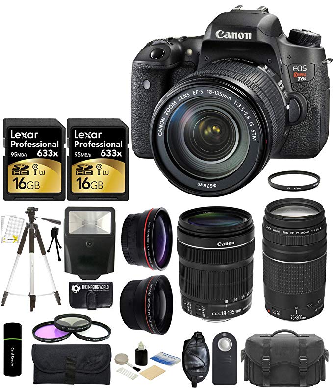 Canon EOS Rebel T6s 24.2MP CMOS Digital SLR Camera with EF-S 18-135mm IS STM Lens + Canon EF 75-300mm III Lens + 58mm Wide-Angle + Telephoto Lenses + 2x 16GB Cards + Case + Flash + Tripod + Grip + Filter Kit and More - 32GB Accessories Bundle