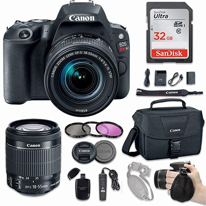 Canon EOS Rebel SL2 DSLR Camera with EF-S 18-55mm f/4-5.6 is STM Lens + Sandisk 32GB SDHC Card + Canon Bag Case + 3 Pc. UV CPL FLD Filter Kit