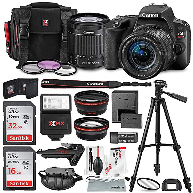 Canon EOS Rebel SL2 DSLR Wi-Fi Camera with EF-S 18-55mm STM Lens (Black) Bundle w/Flash + Lenses + Filters + 32&16GB + Xpix Tripods & Cleaning Kit