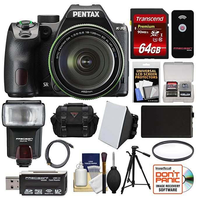 Pentax K-70 All Weather Wi-Fi Digital SLR Camera & 18-135mm WR Lens (Black) with 64GB Card + Case + Flash + Battery + Tripod + Filter + Kit