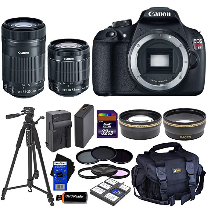 Canon EOS Rebel T5 DSLR Camera with 18-55mm IS II & 55-250mm STM Zoom Lenses (International Version) + Tele & Wide Lenses + ND Filters ND2,ND4,ND8 + 14pc 32GB Deluxe Accessory Kit