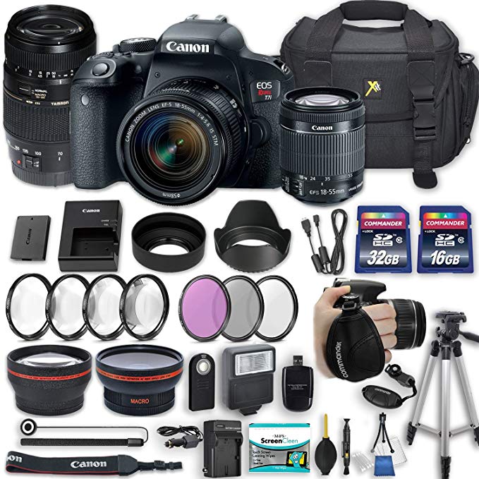 Canon EOS Rebel T7i 24.2 MP DSLR Camera with Canon EF-S 18-55mm f/4-5.6 is STM Lens + Tamron 70-300mm f/4-5.6 Di LD Lens + 2 Memory Cards + 2 Aux Lenses + 50