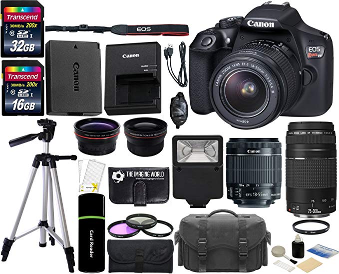 Canon EOS Rebel T6 18MP Wi-Fi DSLR Camera with 18-55mm IS II Lens + EF 75-300mm III Lens + 32GB & 16GB Card + Wide Angle Lens + Telephoto Lens + Flash + Grip + Tripod - 48GB Deluxe Accessories Bundle