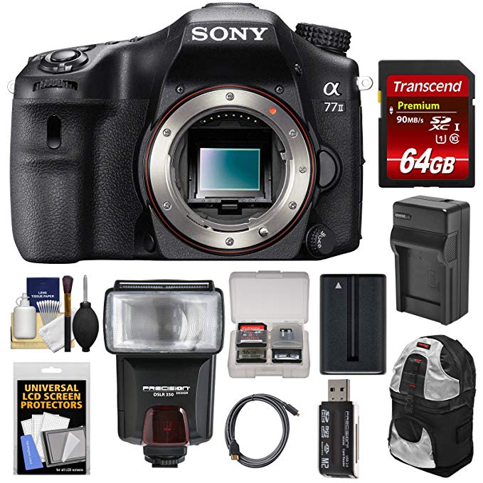 Sony Alpha A77 II Wi-Fi Digital SLR Camera Body with 64GB Card + Battery + Charger + Backpack + Flash + Kit