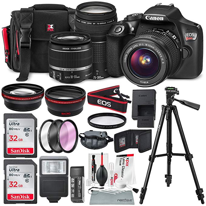 Canon EOS Rebel T6 DSLR Camera with EF-S 18-55mm f/3.5-5.6 IS II Lens, EF 75-300mm f/4-5.6 III Lens, 64GB, along with Fibertique Cleaning Cloth, and Xpix cleaning Kit and Deluxe Accessory Bundle