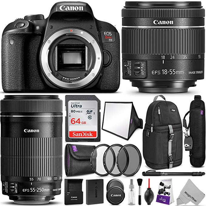 Canon EOS Rebel T7i DSLR Camera 18-55mm 55-250mm Lenses Kit w/Advanced Photo Travel Bundle