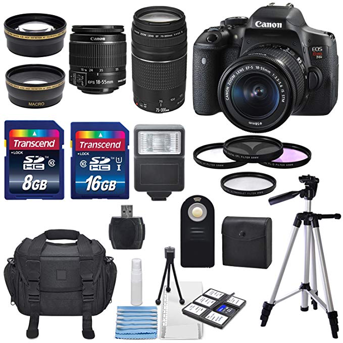 Canon EOS Rebel T6i 24.2MP DSLR Digital Camera & Canon EF-S 18-55mm f/3.5-5.6 IS STM & Canon EF 75-300mm f/4-5.6 III Lens +HD 58mm wide angle & Telephoto Lens +Total 24GB of Memory +Deluxe Bundle