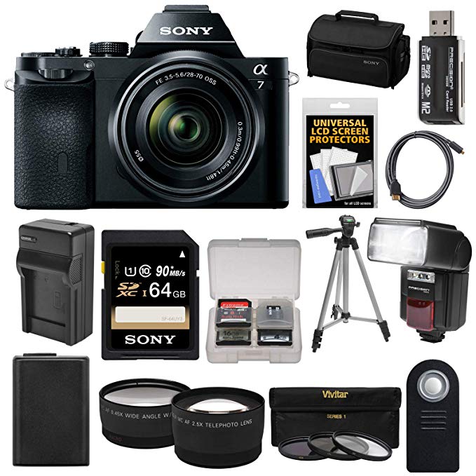 Sony Alpha A7 Digital Camera & 28-70mm FE OSS Lens with 64GB Card + Battery & Charger + Case + Tripod + Flash + Tele/Wide Lens Kit