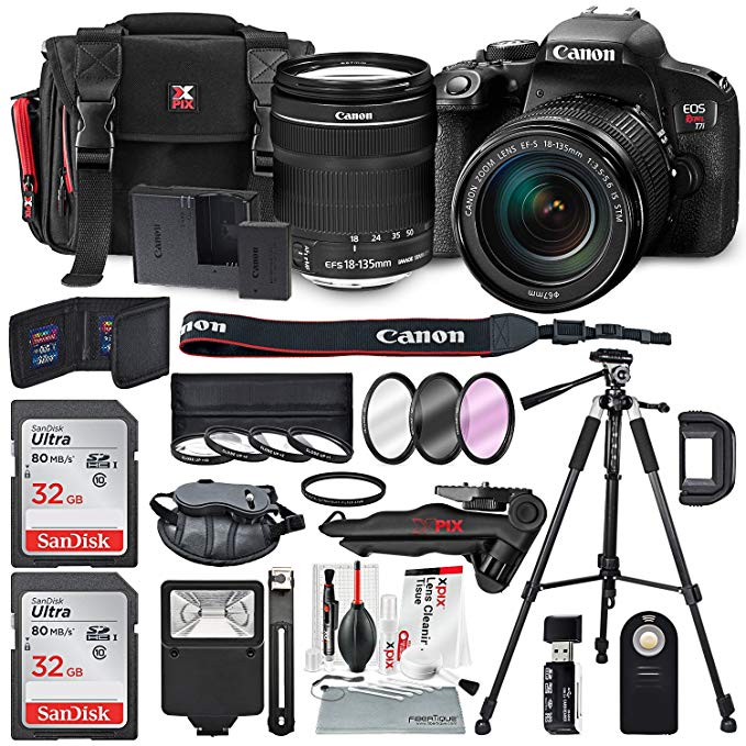 Canon EOS Rebel T7i DSLR Camera W/EF-S 18-135mm f/3.5-5.6 IS STM Lens & 2 X Professional 32GB, Filters, Tripods, Quick Release Shoulder Strap, Flash, Remote, SD Reader/Writer, Xpix Lens Accessories