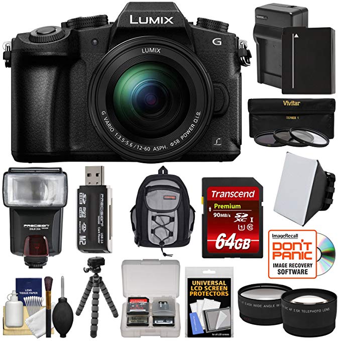 Panasonic Lumix DMC-G85 4K Wi-Fi Digital Camera & 12-60mm Lens with 64GB Card + Battery & Charger + Backpack + Tripod + Flash + Tele & Wide Lens Kit