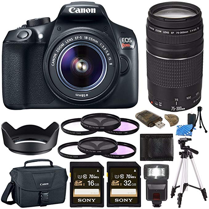 Canon EOS Rebel T6 DSLR Camera with 18-55mm Lens + Canon EF 75-300mm f/4-5.6 III Lens + Sony 16GB SDHC Card + Sony 32GB SDHC CardCard Reader + Canon EOS Shoulder Bag 100ES + Tripod + Flash Bundle