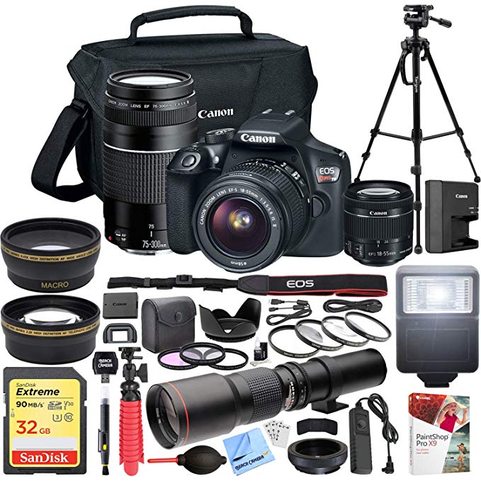 Canon EOS Rebel T6 DSLR Camera with EF-S 18-55mm f/3.5-5.6 is II + EF 75-300mm f/4-5.6 III Dual Lens Kit + 500mm Preset f/8 Telephoto Lens + 0.43x Wide Angle, 2.2X Pro Bundle