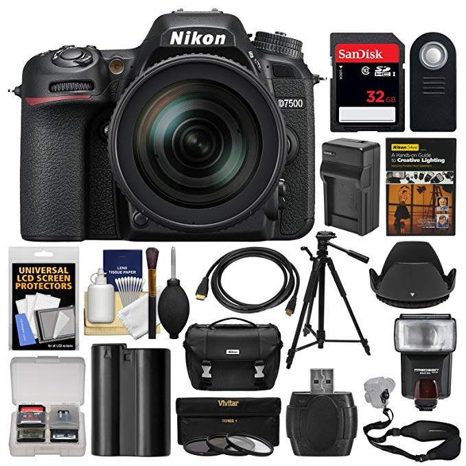 Nikon D7500 Wi-Fi 4K Digital SLR Camera with 18-300mm VR DX Lens, Case & 32GB Card + Flash + Battery & Charger + Tripod + 3 Filters + Strap Kit