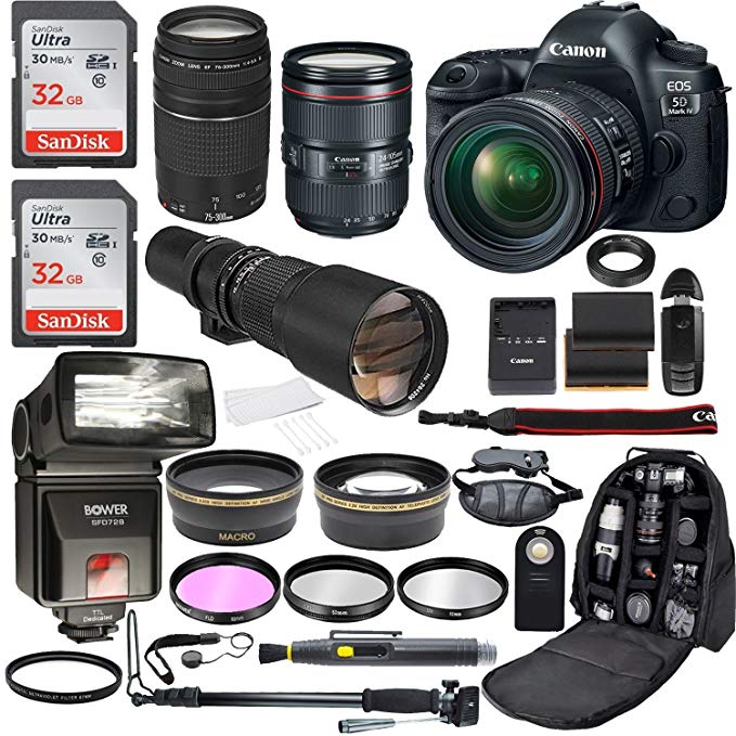 Canon EOS 5D Mark IV Full Frame Digital SLR Camera with EF 24-105mm f/4 L2 IS USM Lens + EF 75-300mm f/4-5.6 III + 500mm Telephoto Zoom + 2pc SanDisk 32GB Memory Cards + Accessories (20 Items)