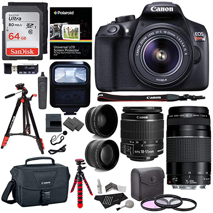 Canon EOS Rebel T6 DSLR Camera Kit, EF-S 18-55mm is II Lens, EF 75-300mm III Lens, RitzGear Wide Angle, Telephoto Lens, 64GB and Accessory Bundle