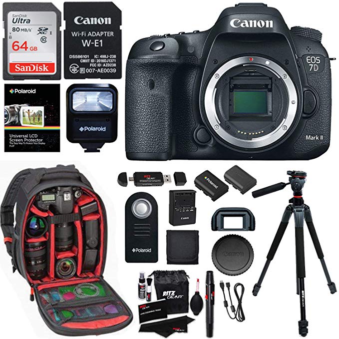 Canon EOS 7D Mark II Digital SLR Camera Body, Two 32GB Cards, Wi-Fi Adapter, Ritz Gear Camera Backpack, Polaroid Flash, and Accessory Bundle