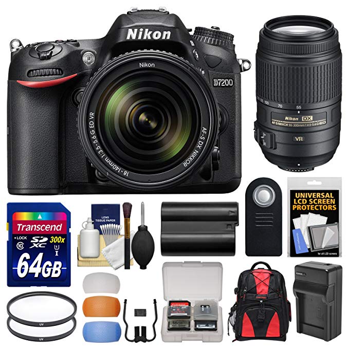 Nikon D7200 Wi-Fi Digital SLR Camera & 18-140mm VR DX & 55-300mm VR Lens with 64GB Card + Backpack + Battery/Charger + Filters + Remote + Kit