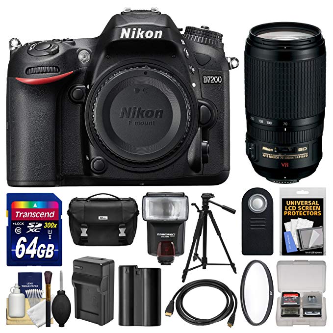 Nikon D7200 Wi-Fi Digital SLR Camera Body with 70-300mm VR Lens + 64GB Card + Case + Flash + Battery/Charger + Tripod + Kit