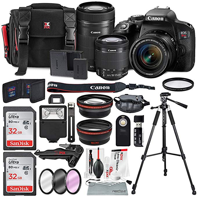 Canon EOS Rebel T7i DSLR Camera W/EF-S 18-55mm f/4-5.6 IS STM + EF-S 55-250mm f/4-5.6 IS STM Lens, 2 X 32GB, 58mm Telephoto & Wide-Angle Lens, Filters, Tripods Flash, Xpix Lens Accessories