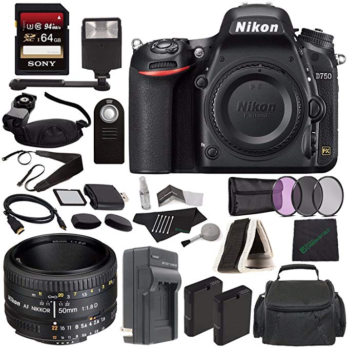 Nikon D750 DSLR Camera (Body Only) + Nikon AF NIKKOR 50mm f/1.8D Lens + 52mm 3 Piece Filter Set (UV, CPL, FL) + Battery + Sony 64GB SDXC Card + HDMI Cable + Remote + Card Reader + Flash Bundle