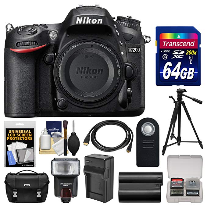 Nikon D7200 Wi-Fi Digital SLR Camera Body with 64GB Card + Case + Flash + Battery/Charger + Tripod + Remote + Kit