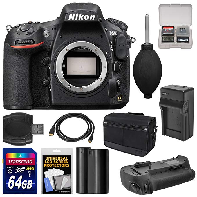 Nikon D810 Digital SLR Camera Body with 64GB Card + Battery & Charger + Shoulder Bag + Grip + Accessory Kit