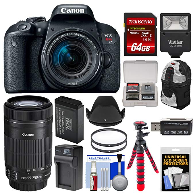 Canon EOS Rebel T7i Digital SLR Camera & EF-S 18-55mm + 55-250mm is STM Lens + 64GB Card + Backpack + Flash + Battery & Charger + Tripod + Kit