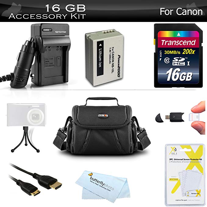 16GB Accessories Bundle Kit For Canon PowerShot SX50 HS, SX40 HS, SX60 HS G1 X, G15, G16, G3 X Digital Camera Includes 16GB High Speed SD Memory Card + Replacement NB-10L Battery + Charger ++