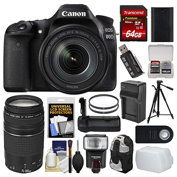 Canon EOS 80D Wi-Fi Digital SLR Camera & EF-S 18-135mm IS USM + 75-300mm III Lens + 64GB Card + Case + Flash + Battery & Charger + Grip + Tripod Kit