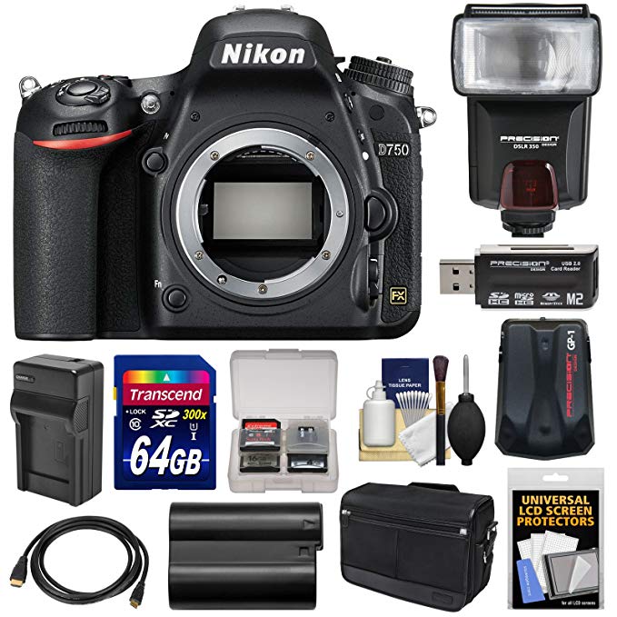 Nikon D750 Digital SLR Camera Body with 64GB Card + Battery & Charger + Messenger Bag + GPS Adapter + Flash + Kit