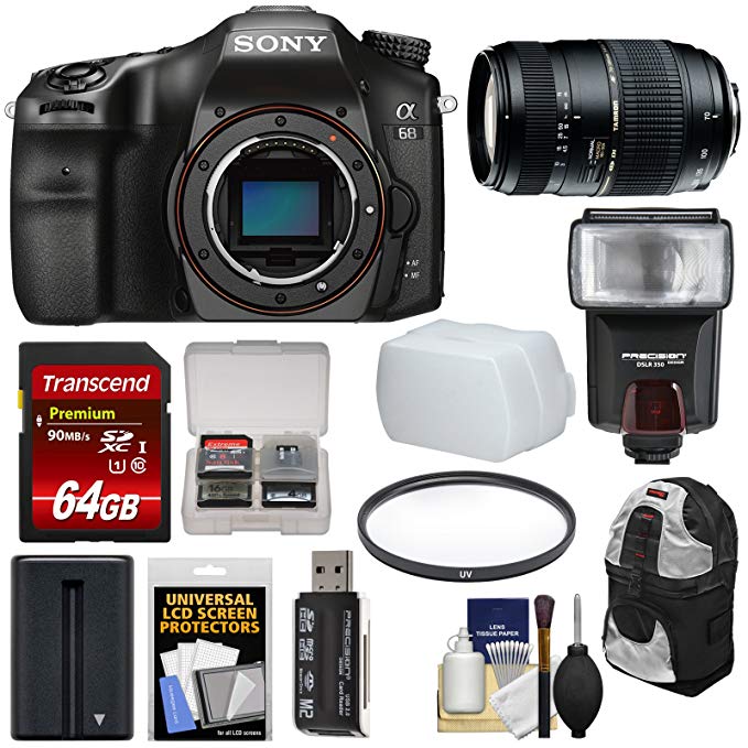 Sony Alpha A68 Digital SLR Camera Body with 70-300mm Lens + 64GB Card + Battery + Backpack + Flash + Filter + Kit