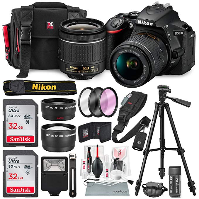 Nikon D5600 DSLR Camera with 18-55mm Lens W/ 2x 32GB Memory Card + Filters + 55mm Telephoto & Wide-Angle, Quick Release Shoulder Strap + Xpix Lens Handling Accessories with Deluxe Bundle