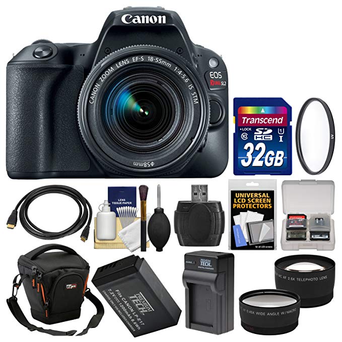 Canon EOS Rebel SL2 Wi-Fi Digital SLR Camera & EF-S 18-55mm is STM Lens (Black) + 32GB Card + Case + Battery & Charger + Filter + Tele/Wide Lens Kit