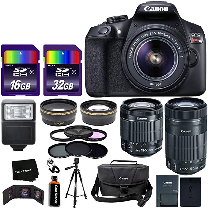 Canon EOS Rebel T6 Digital SLR Camera International Version + EF-S 18-55mm Lens + 55-250mm IS STM Zoom Lens + Telephoto & Wide Lenses + Canon Case + Flash + ND & UV Filter Set + 48GB Memory + Tripod