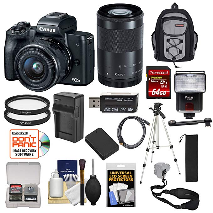 Canon EOS M50 Wi-Fi Digital ILC Camera & EF-M 15-45mm & 55-200mm is STM Lens (Black) with 64GB Card + Battery + Charger + Flash + Tripod + Cases + Cleaning Kit