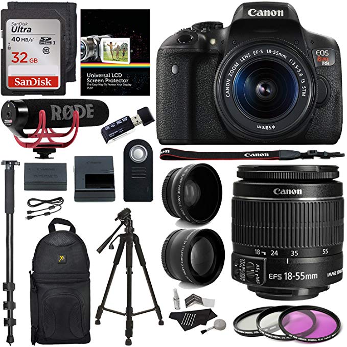 Canon EOS Rebel T6i Video Creator Kit with 18-55mm Lens + Rode Video GO Microphone + Sandisk 32GB Class 10 + Polaroid .43x HD Wide Angle Lens + Polaroid 2.2X HD Telephoto Lens + Polaroid Accessory Kit