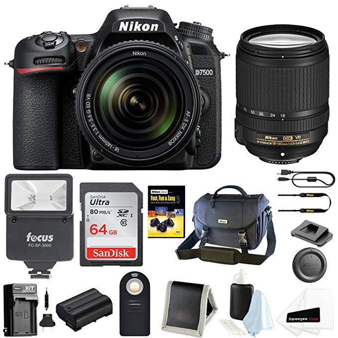 Nikon D7500 Digital SLR Camera and Nikkor 18-140mm VR Lens Bag and 64GB Card and Flash and Accessory Bundle